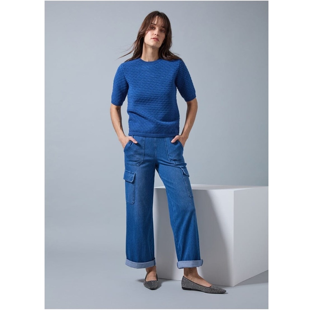 Lyssé Women's Blue Valentina Knit Textured Short Sleeve Sweater Size M